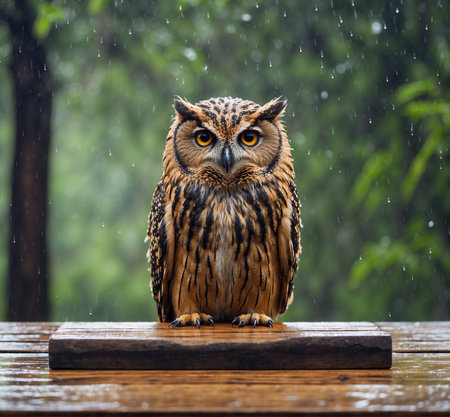 Bubo bubo sitting on the wooden table with rain backgroundの素材