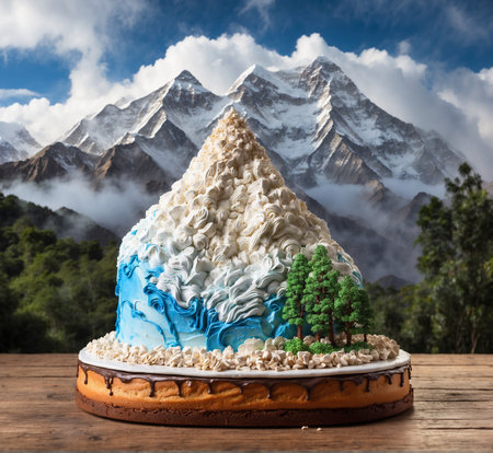 Cake in the form of a house on the background of mountainsの素材