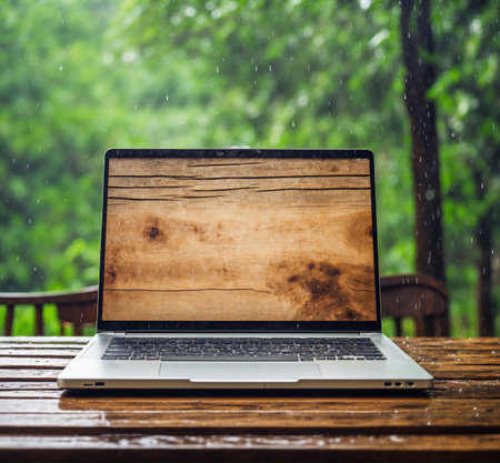 Laptop on wooden table with rain drop on green nature background.の素材