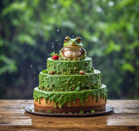 Frog on a green cake in the rain on a wooden tableの素材