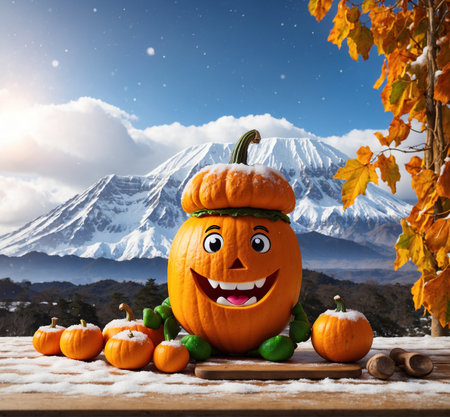 Halloween pumpkin with mountain background, halloween and happy faceの素材