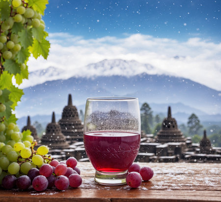 Wine glass with grapes on wooden table in front of Mount Ararat, Armeniaの素材