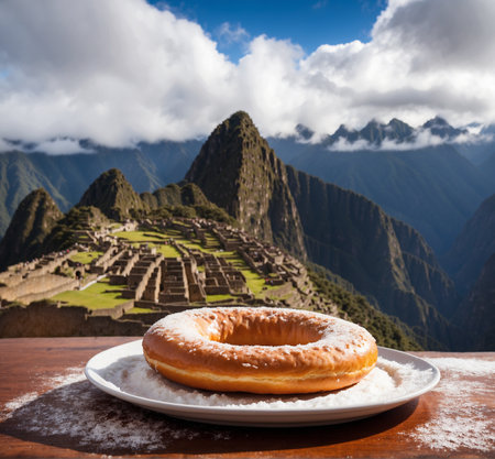 Donut on a white plate on a wooden table against the background of Machu Picchuの素材