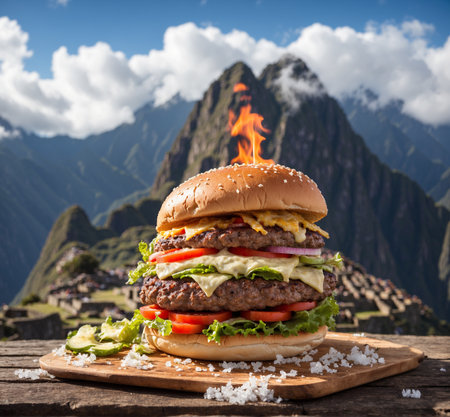 Big hamburger on wooden table in front of mountains. Toned.の素材