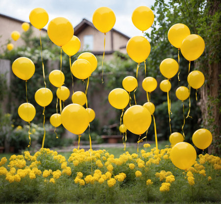 Yellow balloons and yellow marigold flowers in the garden. Holiday concept.の素材