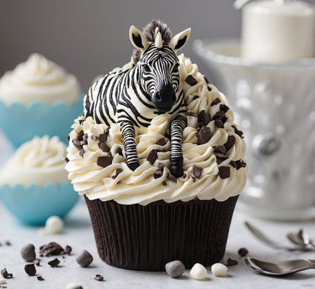 Cupcake with zebra and chocolate on a white background.の素材