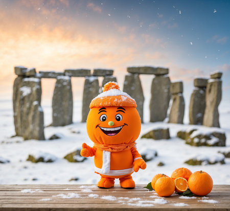 Funny orange mascot in the form of a snowman on the background of stonehengeの素材