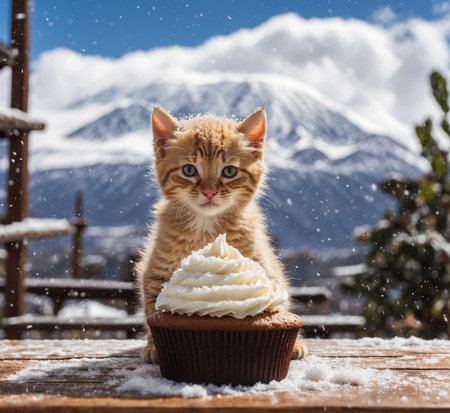 ginger kitten with cupcake and snow on background of snowy mountainの素材