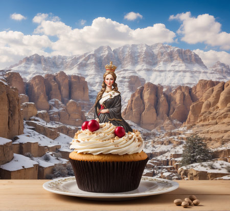 christmas cupcake with queen on wooden table over beautiful mountain backgroundの素材