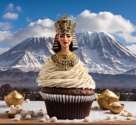 Cupcake with a beautiful Egyptian queen on the background of snowy mountainsの素材