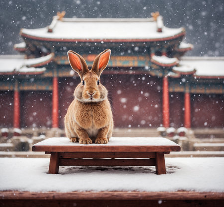 Rabbit in the temple during snowfall. Beautiful winter landscape in forbidden city.の素材