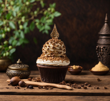 Cupcake with whipped cream and coffee beans on wooden table.の素材