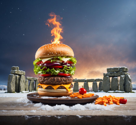 Hamburger on wooden table with fire and stone wall background.の素材