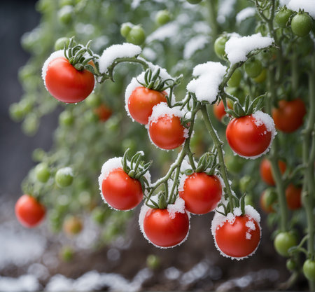 Bunch of red cherry tomatoes covered with fresh snow. Selective focus.の素材