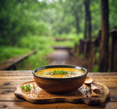 Soup in a bowl on a wooden table with rain background.の素材