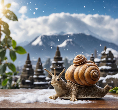 Garden snail on snow and a wooden terrace with mountain background.の素材