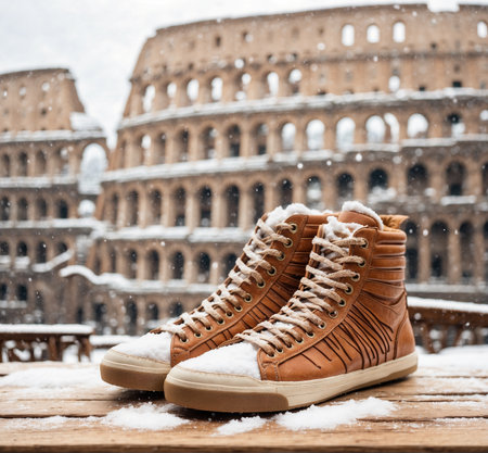 Winter vacation in Italy. Sneakers and Colosseum in the snow.の素材