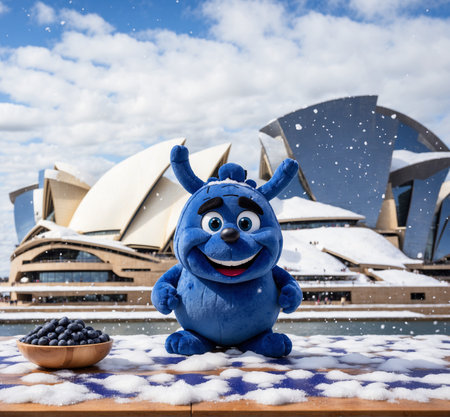 Blueberry mascot character with blueberries on the snow.の素材
