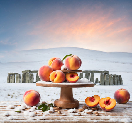 Peaches on wooden table in front of stone wall in snowy landscapeの素材