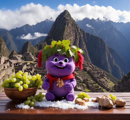 Funny bear made of grapes and nuts on a wooden table against the background of the mountainsの素材