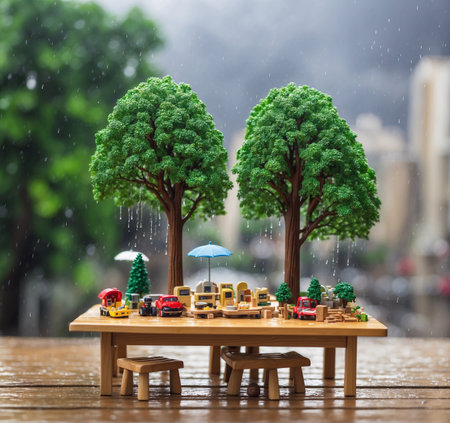 Miniature toy car and tree with rain on the wooden table.の素材