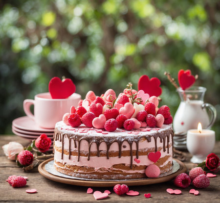 Valentine's day cake with fresh raspberries and rosesの素材
