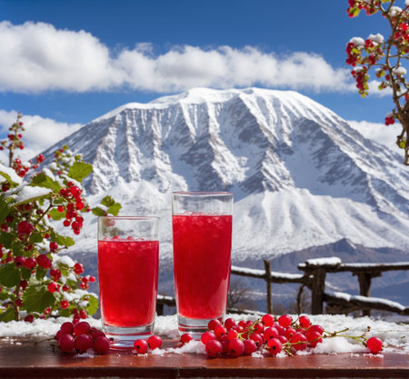 Two glasses of red currant juice on the background of the snow-capped mountainの素材