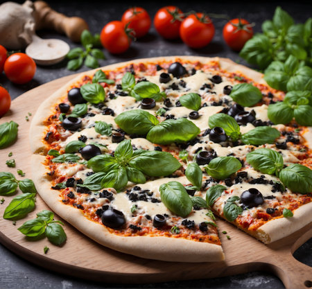 Pizza with mozzarella cheese, black olives and basilの素材