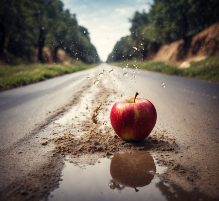 Red apple falling into the wet asphalt road with water drops. Conceptual imageの素材