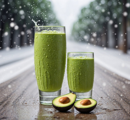 Two glasses of green smoothies with avocado on a rainy day.の素材