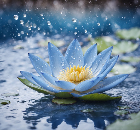 Blue water lily with drops of water on a dark blue backgroundの素材