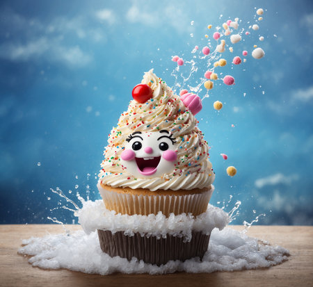 Cupcake with happy face and sprinkles on wooden table over blue sky backgroundの素材