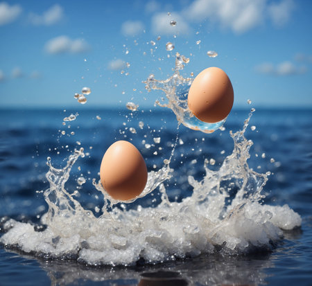Eggs splashing out of water on the background of the seaの素材