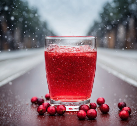Cranberry smoothie in a glass with ice on the streetの素材
