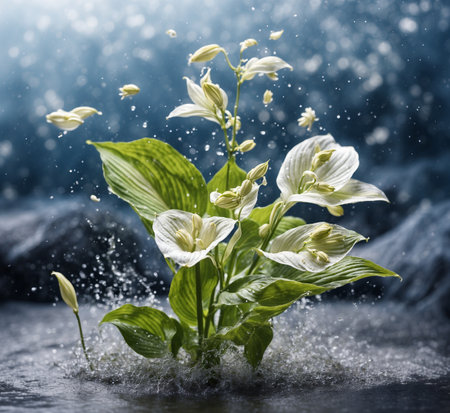Beautiful white hosta flowers on a dark background with splashes of waterの素材