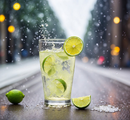 Mojito cocktail with lime and ice on a rainy day.の素材