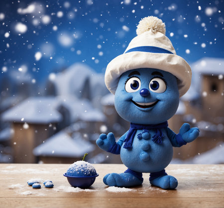 Funny blueberry mascot with blue hat and scarf on winter background. Christmas concept.の素材