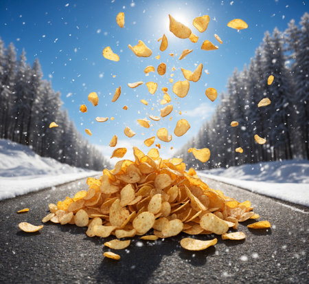 Pile of potato chips flying on the road in the winter forestの素材