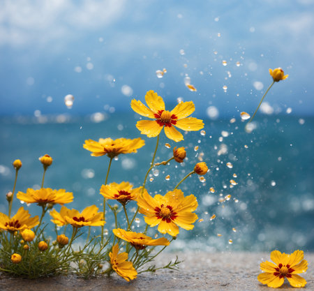 Yellow cosmos flowers with water drops on blue sky and sea background.の素材
