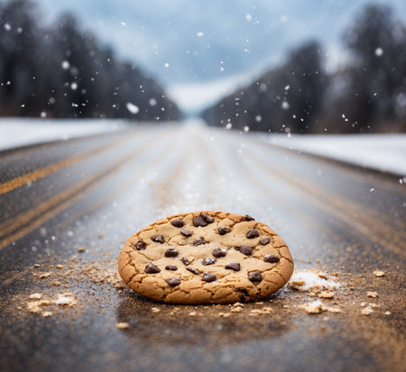 Chocolate chip cookie on the road covered with snow in winter.の素材