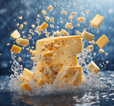 Slices of cheese falling into water with splash on blue backgroundの素材