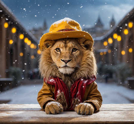 lion in a yellow hat and scarf on the background of a winter streetの素材