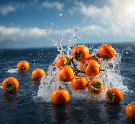 Falling water drops on persimmon fruits in the sea.の素材
