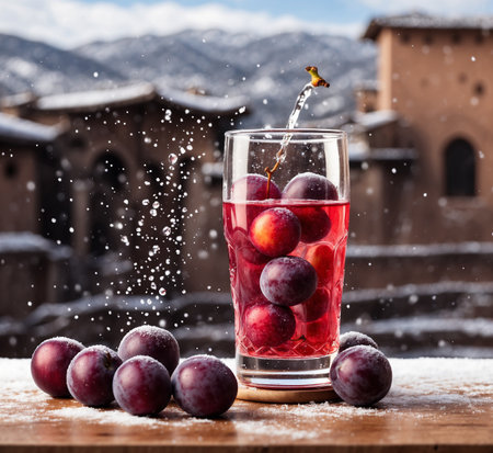 Plum juice in a glass on a wooden table in the snowの素材