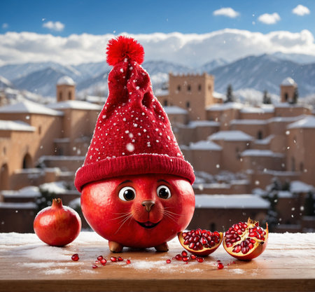 Funny pomegranate mascot with red hat on snow in winterの素材