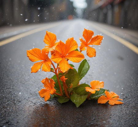 Orange flower on the asphalt road in rainy day. Shallow depth of fieldの素材