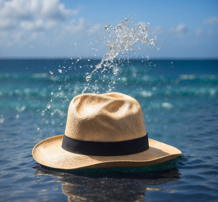 Straw hat with splashes of water on the background of the seaの素材