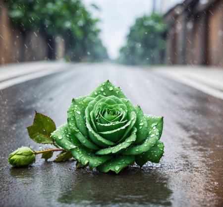 Green rose with water drops on the asphalt road in rainy day.の素材