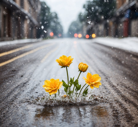 Flowers in the snow on the road in a rainy day.の素材