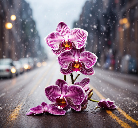 Pink orchids on the street in New York City during the rainの素材
